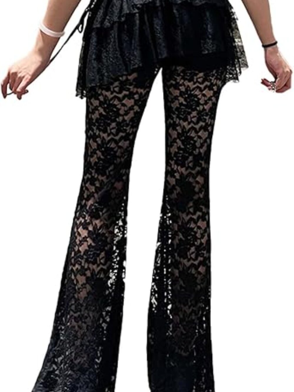Women's Gothic Lace Flared Pants Asymmetric Floral Bell Bottom Legging S - Picture 3 of 6